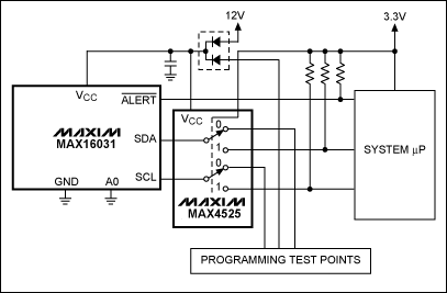 Figure 1. The MAX16031 shares it's I²C bus through the MAX4525 multiplexer/switch.