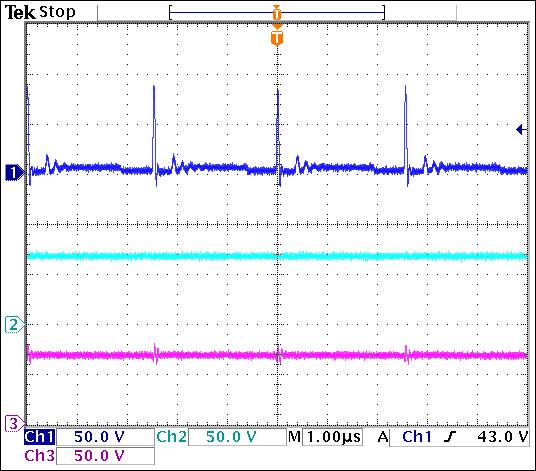 Figure 3. LX node voltage (Channel 1), VOUT (Channel 2), and APD output (Channel 3) at VIN =3.3 V with an APD current of 4mA.