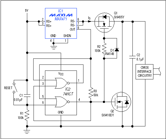 Figure 1.By blocking the supply current and crowbarring the supply voltage, this circuit protects the interface circuitry against faults involving the external lines.