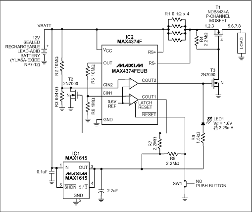 Figure 1. A fault condition (battery terminal voltage < 10.5V or battery current > 5A) causes T1 to open and LED1 to illuminate.