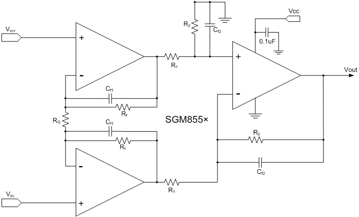 图4：基于SGM855×系列的分立仪表放大器设计方案。 