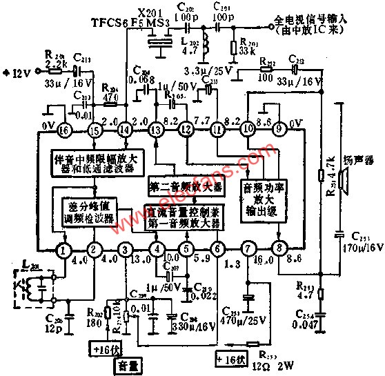 BJ5250是伴音通道采用的集成电路,它包含了第二伴音中频放大,限幅,鉴频,低频放大和功率放大等伴音电路的全部功能.它提供的最大音频输出功率为2.5W.应用实例如图所示.