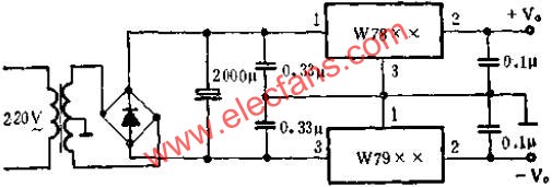 与W7800组成正、负电源应用线路图  www.obk20.com