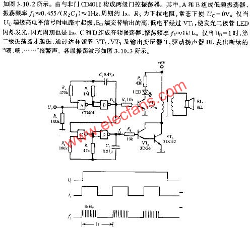 由门控振荡器组成的声光报警电路  www.obk20.com