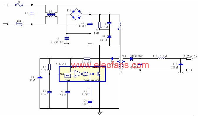 VIPer53设计的12V/4A 的原边反馈的开关电源电路