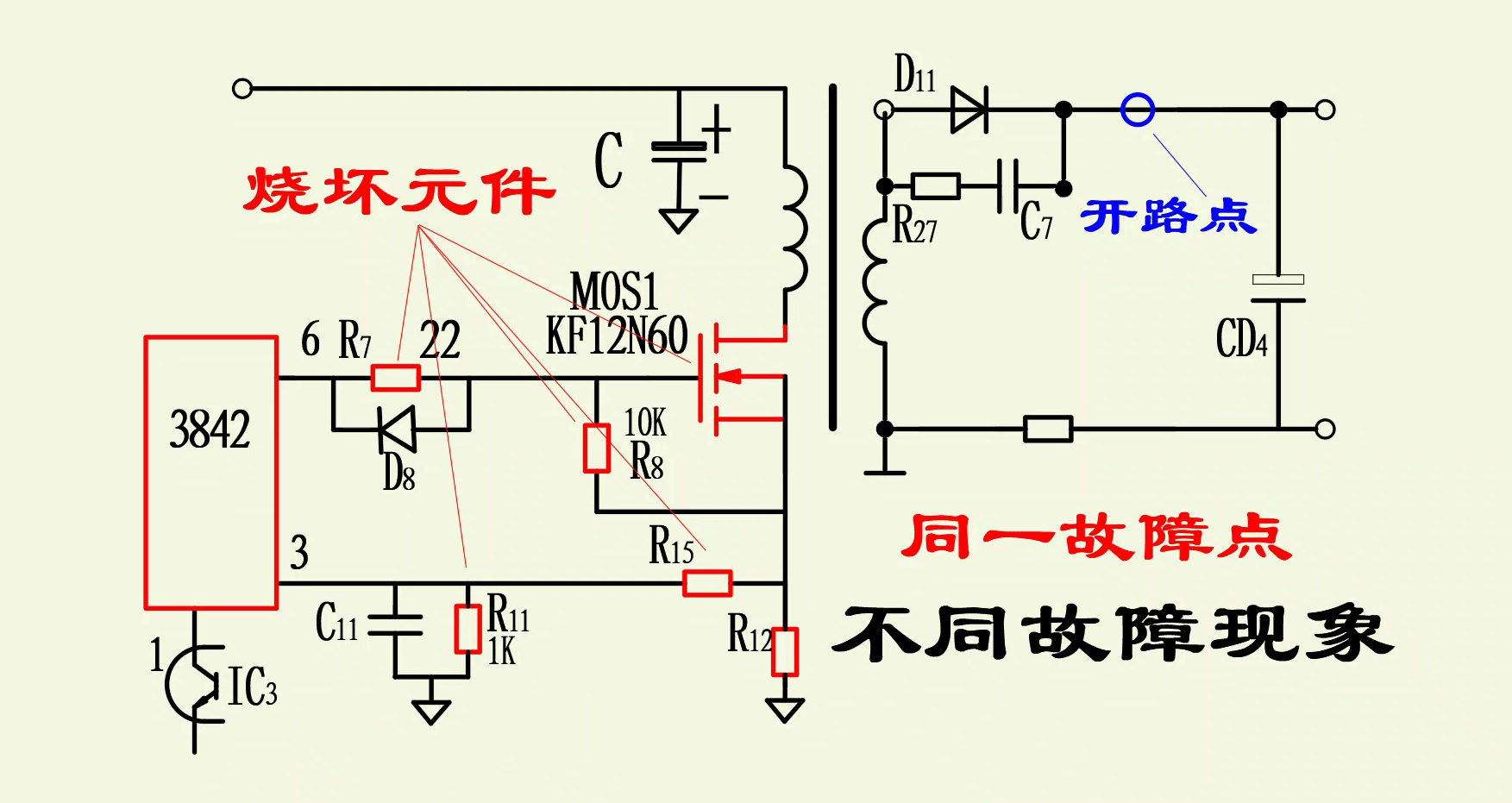 同样是3842电源的次级整流管开路，为何表现不同故障现象？