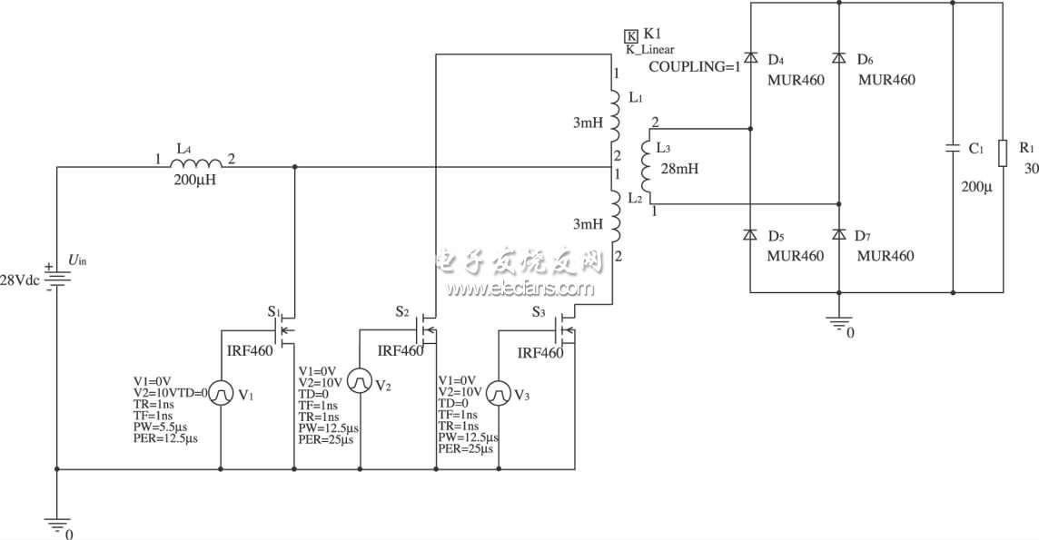 升压变换电路的主电路仿真图