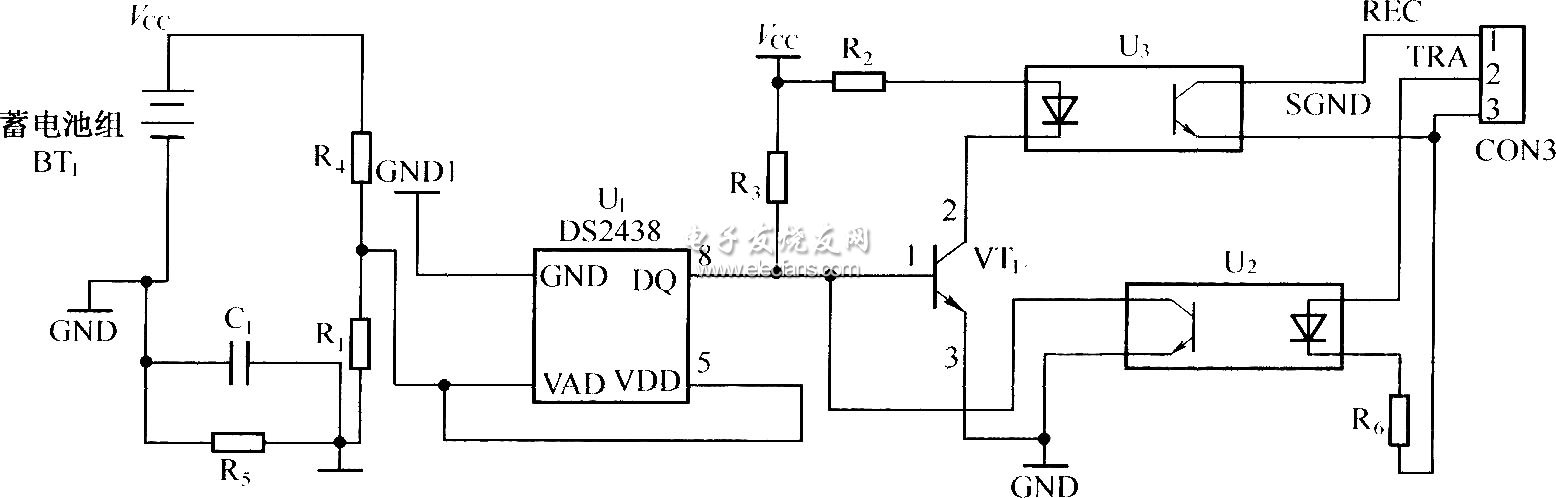 DS2438构成动力电池组测量电路图