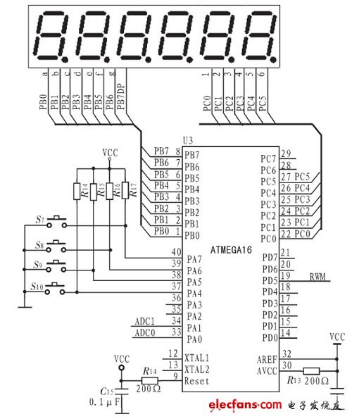 单片机ATMEGA16键盘及显示电路