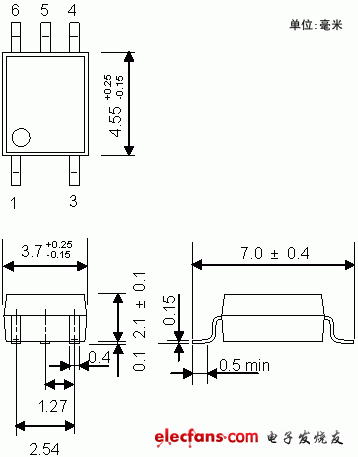 小型高速IGBT/MOSFET栅极驱动耦合器轮廓说明图: TLP155E.