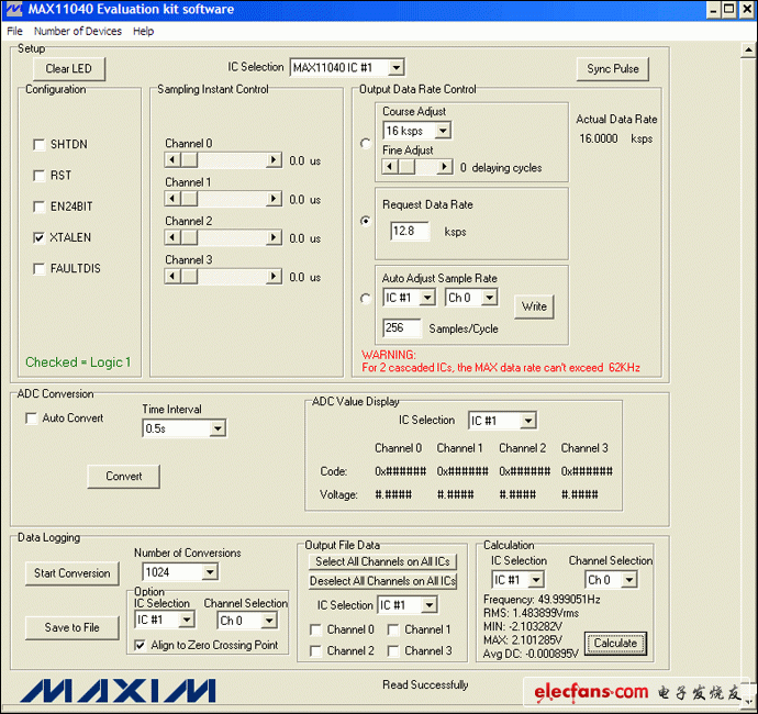 图4. MAX11040EVKIT GUI允许用户方便地设置各种测量条件：12.8ksps、256采样点/周期和1024次转换。此外，GUI的计算部分提供了一个进行快速工程运算的便捷工具。