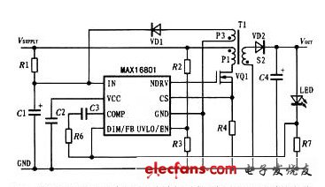 基于MAX16801的离线非隔离回扫式LED驱动器电路