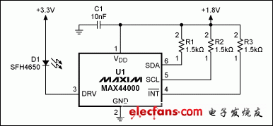 图1. MAX44000典型电路，包括LED。