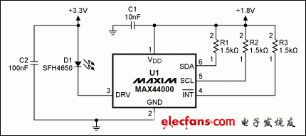 图2. MAX44000典型电路，带有发射器旁路。