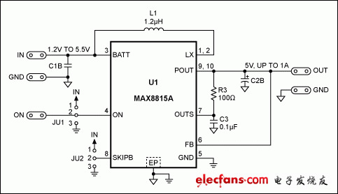 图2. MAX8815AEVKIT提供所需的5V输出，无需更改电路