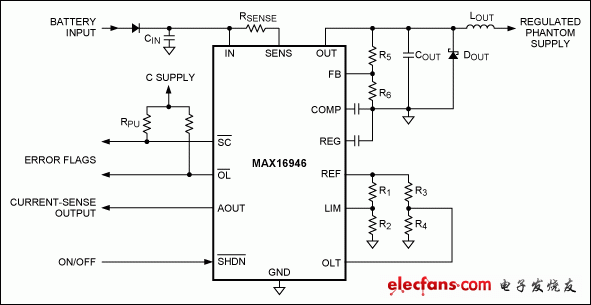 图1. MAX16946远端天线CSA和开关的典型工作电路