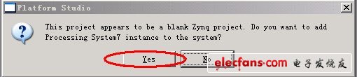 确定后，提示所建立的工程是一个Zynq工程，提示是否添加PS到系统。点确认。