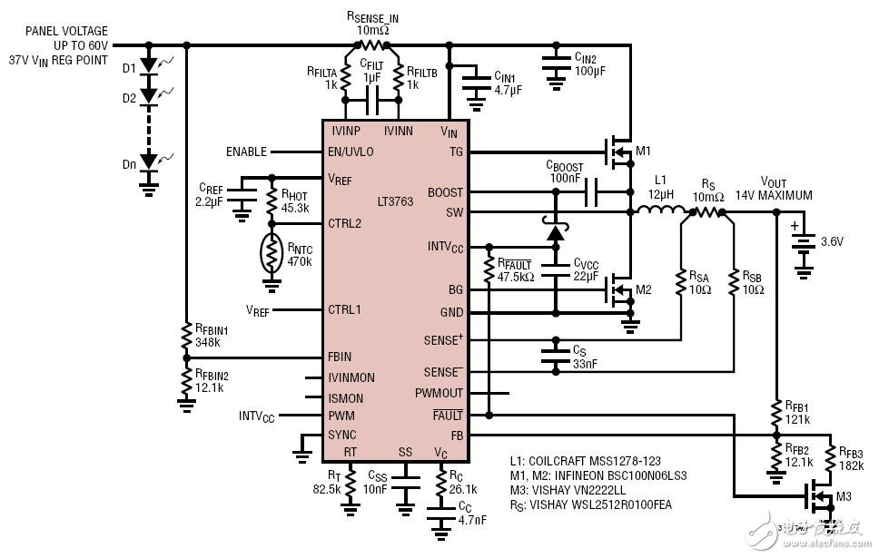 70W, Solar Energy Harvester with Maximum Power Point Regulation具最大功率点调节功能的70W太阳能收集器电路图