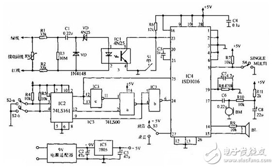 采用ISD1016制作的语音留言控制器电路设计图