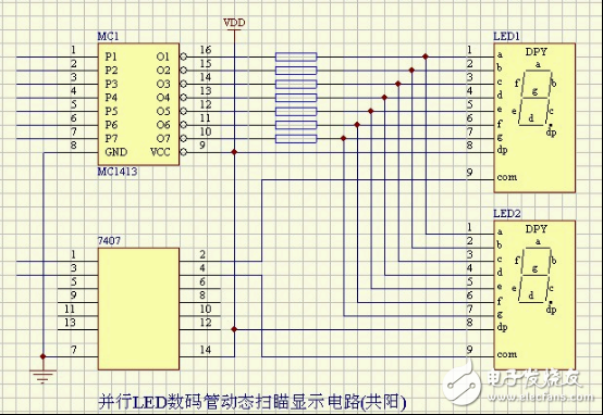 并行LED数码管动态扫描显示电路(共阳)