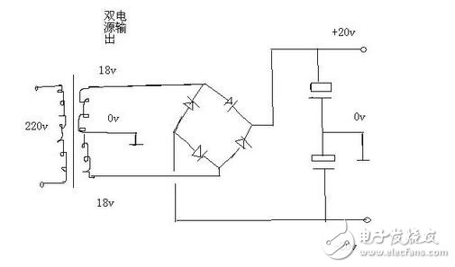 不用两个整流桥。用一个即可，把2个18伏交流接到整流桥的交流输入端，把变压器抽头0伏接地线（线路板的地线），整流桥直流输出+ -端接电容器滤波，电容器2个串联之后正极接整流桥正极+，电容器负极接整流桥负极-，2个串联的电容器中间引出一根线接地线，也就是双18伏交流的抽头。这样就可以在直流输出端得到正负20伏的双电源了。