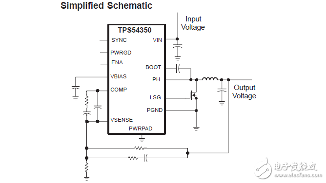 TPS54350输出电流同步集成高侧降压型pwm变换器