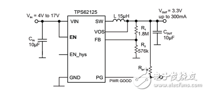 带有可调使能阀值和滞后的3V-17V，300mA降压转换器