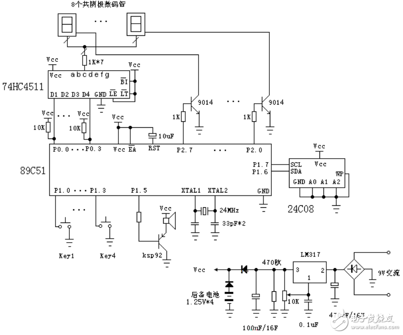 基于89C51单片机8个闹钟时间的智能时钟的设计（附电路图和程序代码）