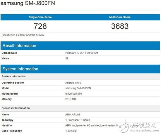 三星新机Galaxy J8现身GeekBench跑分网站 搭载Exynos7870处理器