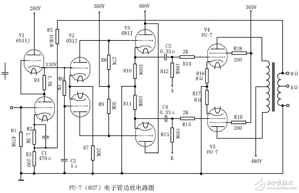 fu7电子管功放电路图大全（6N8P\6P3P\胆机功放电路\耦合电容器）