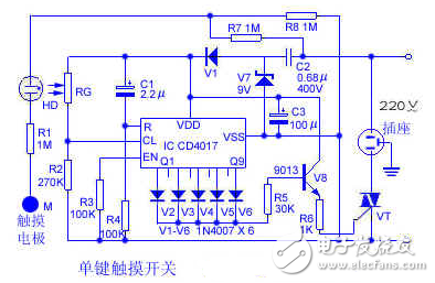 cd4017电子制作电路图大全（单键触摸开关/幸运抽奖机/红绿灯/密码锁）