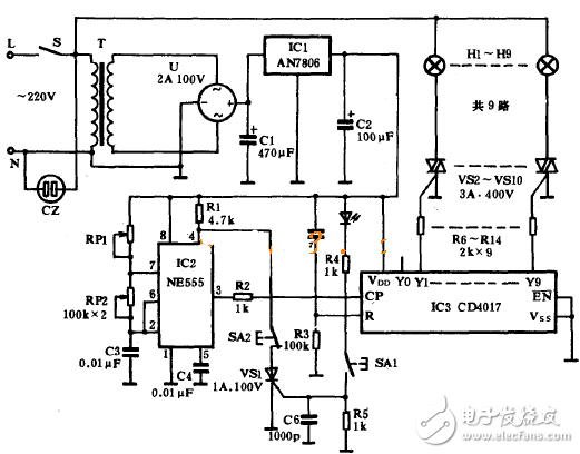 cd4017电子制作电路图大全（单键触摸开关/幸运抽奖机/红绿灯/密码锁）